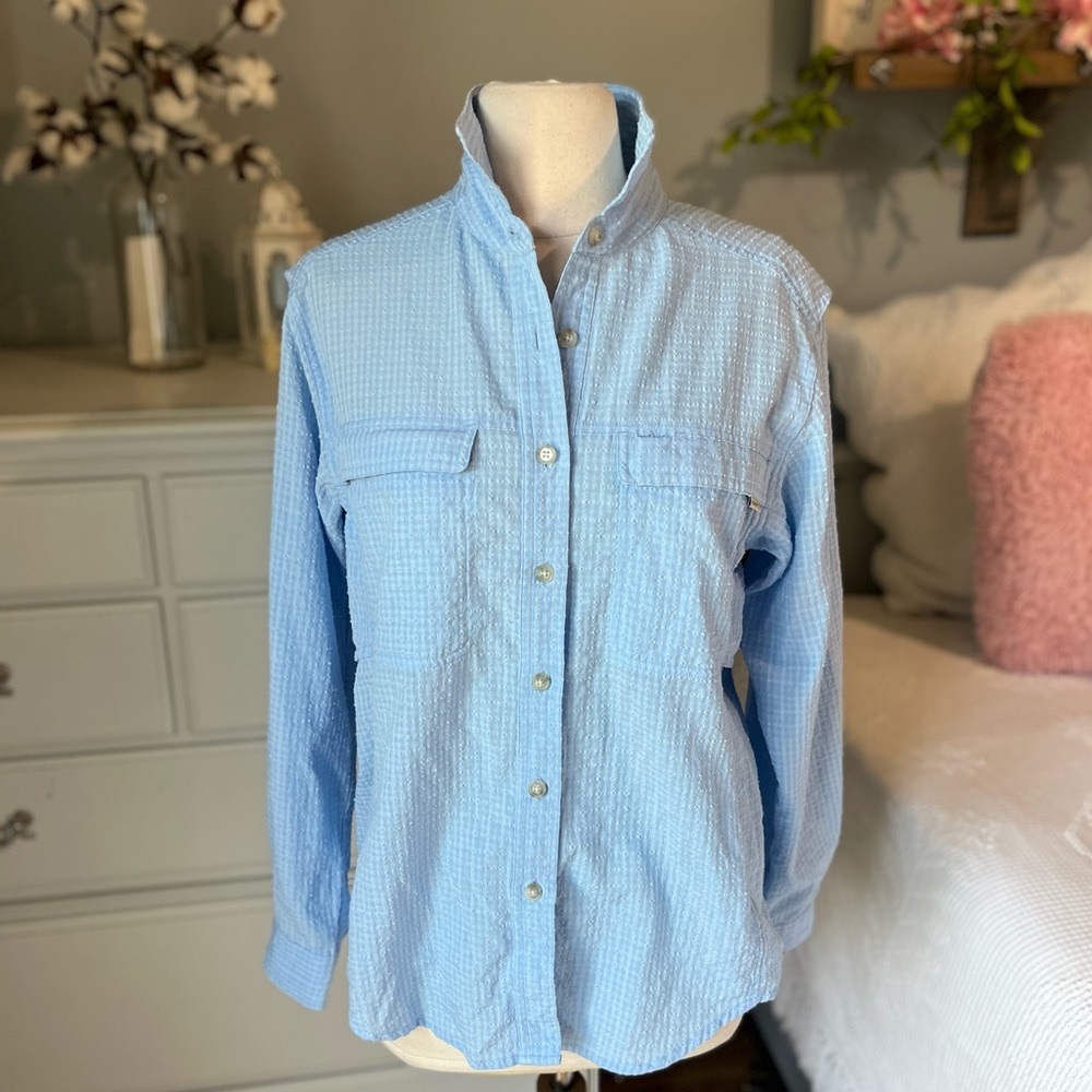 Exofficio Vented Button Down Front Baby Blue Shirt Fishing Hiking Womens Small